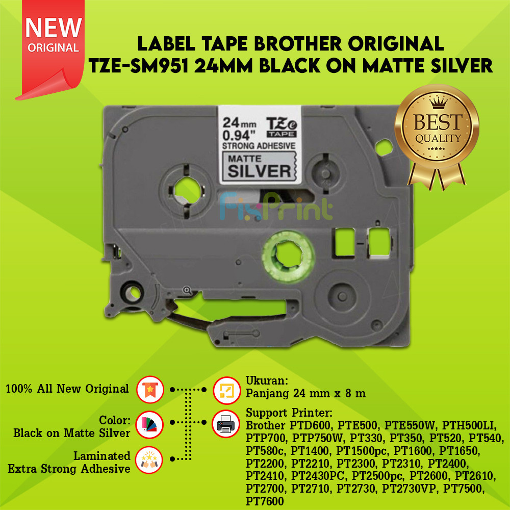 เทปฉลาก 24 มม. สีดําบน Matte Silver TZE-SM951 Casette, เครื่องพิมพ์ Brother PTD600 PTP700 PTE500 ใหม