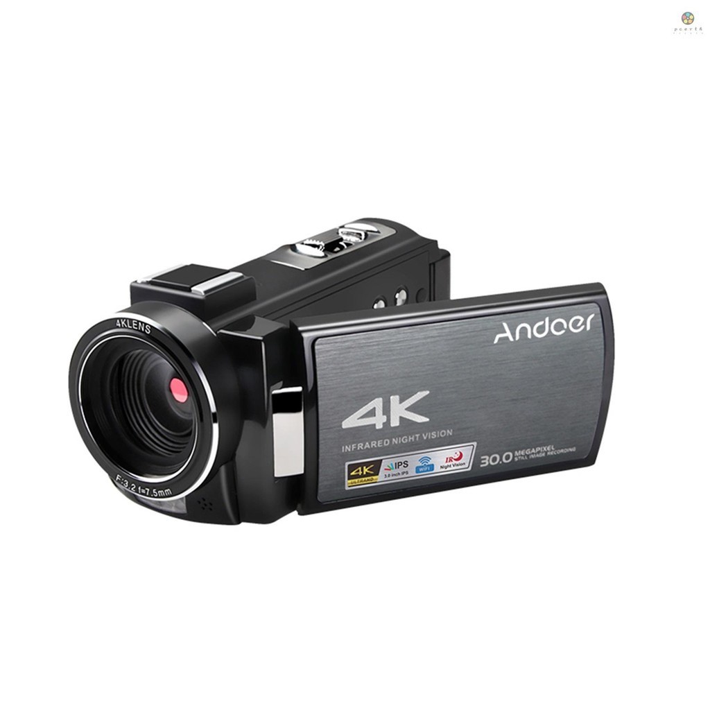 Andoer กล้องบันทึกวิดีโอดิจิทัล HDR-AE8 4K WiFi DV 30MP ซูมได้ 16X IR เวอร์ชั่นกลางคืน หน้าจอสัมผัส IPS LCD 3 นิ้ว พร้อมแบตเตอรี่ชาร์จ 2 ชิ้น และ Wi 0.39X พิเศษ