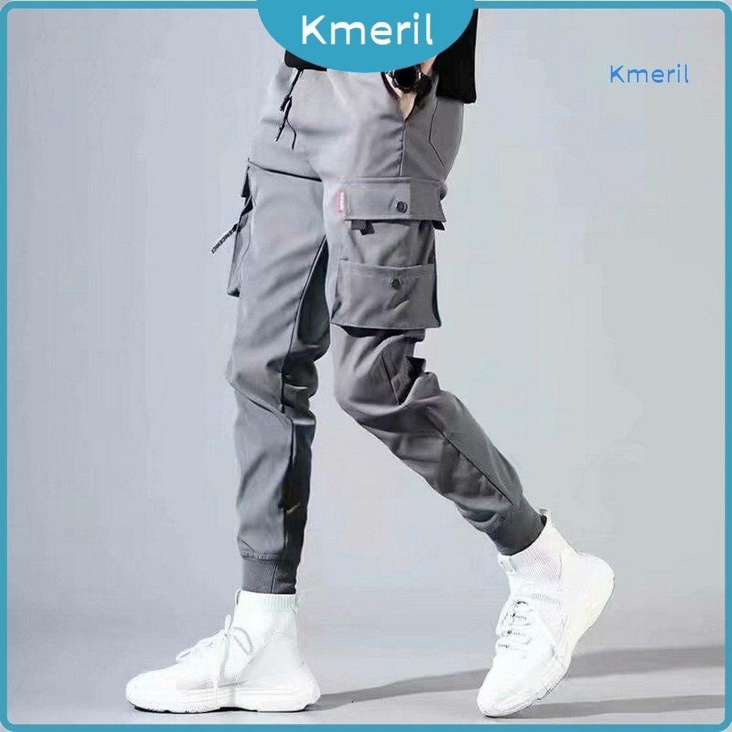 [kmeril] กางเกงคาร์โก้ ขายาว เอวยางยืด ระบายอากาศ ทรงหลวม มีหลายกระเป๋า สีพื้น สําหรับผู้ชาย ใส่ออกกําลังกาย วิ่งจ๊อกกิ้ง