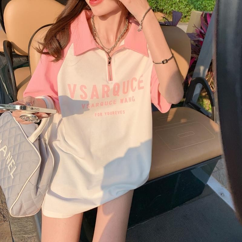 Solovely สไตล์เกาหลี เสื้อตัวบน ตัวอักษร พิมพ์ลาย ผู้หญิง เสื้อยืด แขนสั้น หลวม เสื้อโปโล