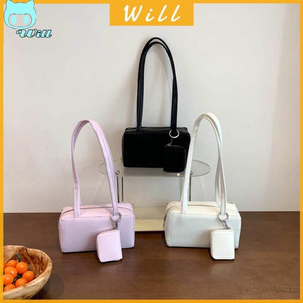 ผู ้ หญิงไหล ่ เรียบง ่ ายหนัง PU สีทึบ Tote กระเป ๋ าถือพร ้ อมกระเป ๋ าชุด