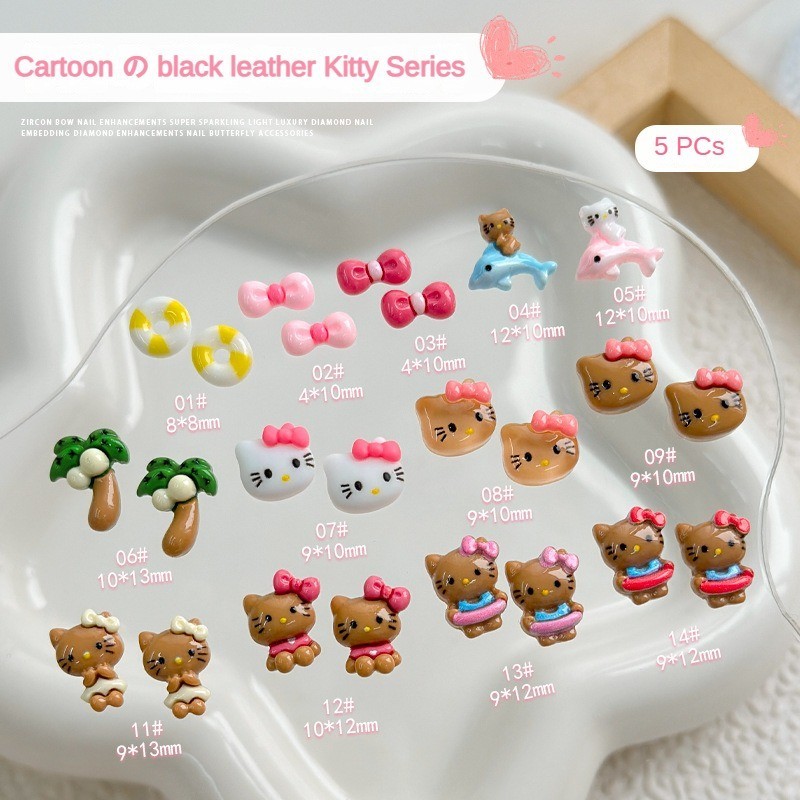 5 ชิ้นฮาวายวันหยุดหนังสีดำ KT การ์ตูนอุปกรณ์เสริมเล็บ / สติ๊กเกอร์ติดเล็บลายแมวสามมิติโบว์น่ารัก