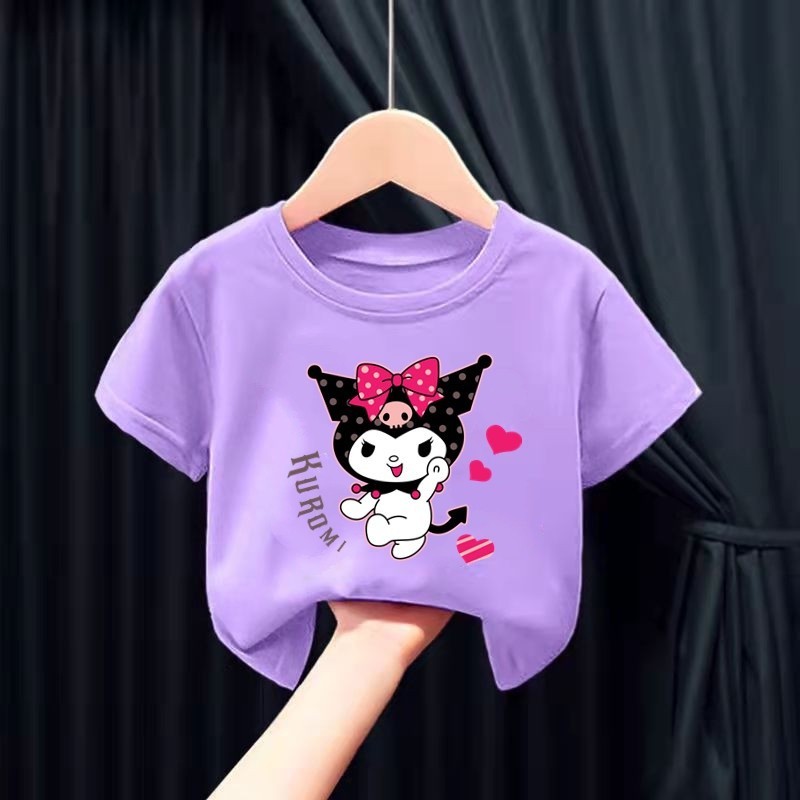 การ ์ ตูน Sanrio Kuromi พิมพ ์ แขนสั ้ นฤดูร ้ อนเด ็ กผู ้ หญิงแขนสั ้ นเสื ้ อยืดลําลอง
