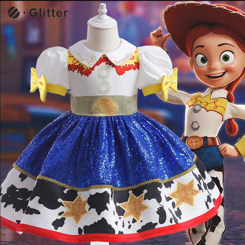 Toy Story Jessie Cow Girl เครื่องแต่งกายสําหรับเด็กสาวฤดูร้อนแขนสั้นเจ้าหญิง TUTU เลื่อมชุด Headwear