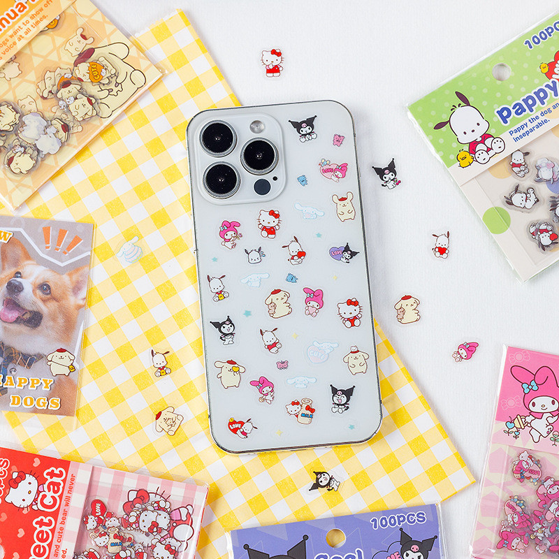 100pcs Sanrio สติกเกอร์โปร่งใสกันน้ําสติกเกอร์สัตว์เลี้ยง DIY คู่มือไดอารี่ตกแต่งสติกเกอร์การ์ตูน Mini สติกเกอร์