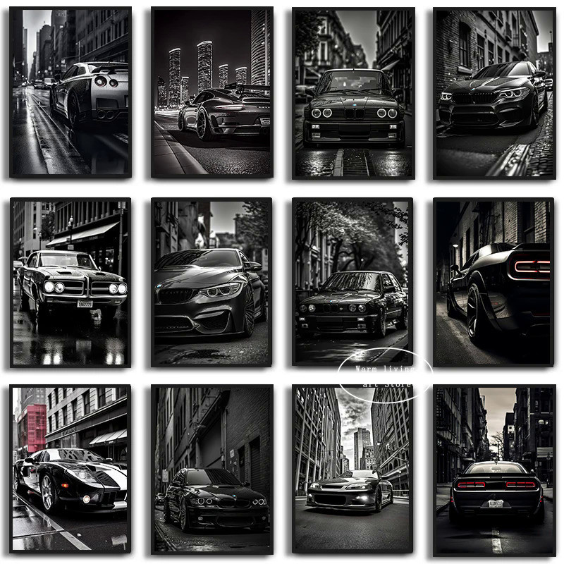 โมเดิร์น BMW Series Evolution M3 M4 โปสเตอร์สีดําหรูหรารถ Racing รถผ้าใบภาพวาดภาพผนังสําหรับห้องนั่งเล่นตกแต่งบ้าน IH5Y