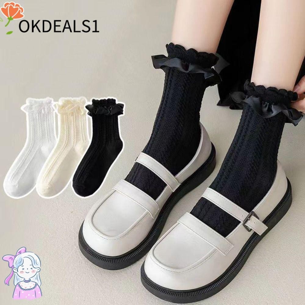 Dealshop ถุงเท้าลูกไม้สีขาว, ถุงเท้าโลลิต้าตาข่ายเจ้าหญิง, ถุงเท้าแมรี่เจน สีดํา ฤดูใบไม้ผลิ ฤดูใบไม้ร่วง หวานแหวว สําหรับเด็กผู้หญิง