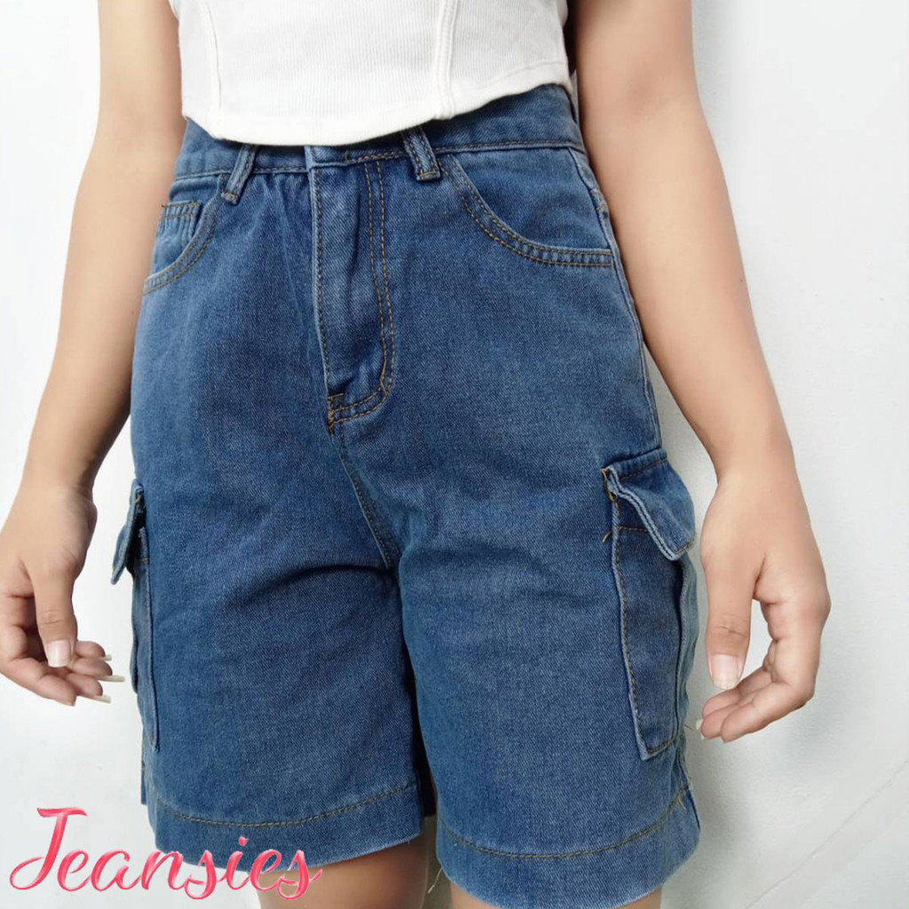 Jeans กางเกงคาร์โก้วินเทจ กางเกงยีนส์ขาสั้น ยีนส์น้ำเงินพร้อมกระเป๋าข้างเท่ๆ