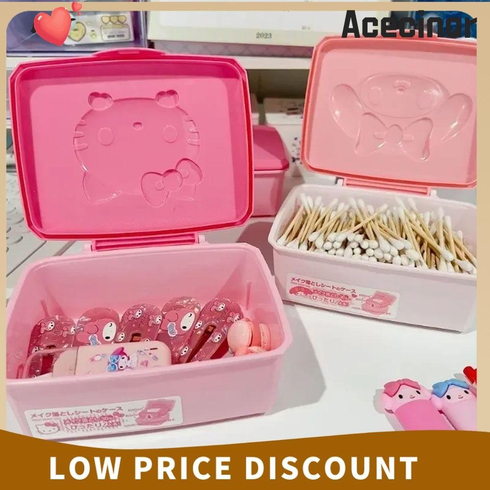 Acecinar 1 Pcs Kawaii เดสก์ทอปผ้าฝ้ายติดกล่องเก็บการ์ตูนพลาสติก หวานแหวว สาวกล่องเครื่องประดับฝ้ายสุดหวาน ผู้จัดเดสก์ทอปของขวัญ