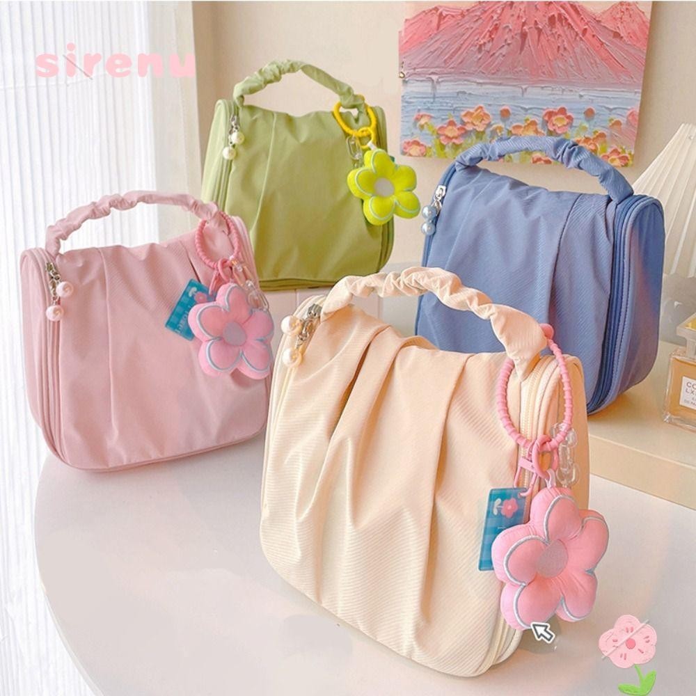 Sirenu Floral Cosmetic Bag, Korean INS Cute Cloud Makeup Bag, Portable Pleated Fashion Cosmetics