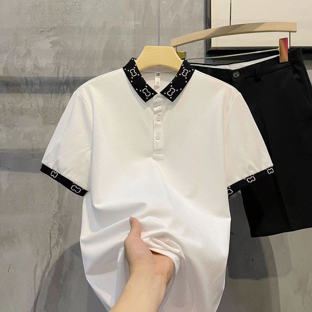 เสื้อโปโลแขนสั้นผู้ชายสไตล์ฮ่องกงย้อนยุคบางเย็นสมาร์ทแฟชั่นอินเทรนด์เสื้อโปโล