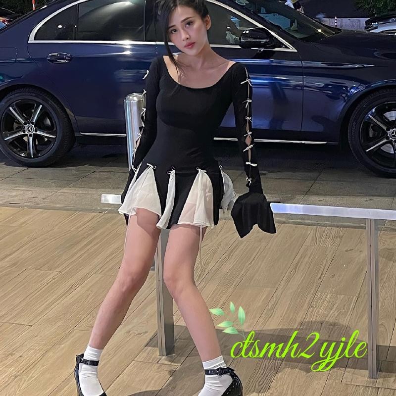ผู้หญิงแขนยาวชุด Contrast สีผ้าพันคอ Bow Party Mini Dress สำหรับ Beach ค็อกเทลคลับ Streetwear