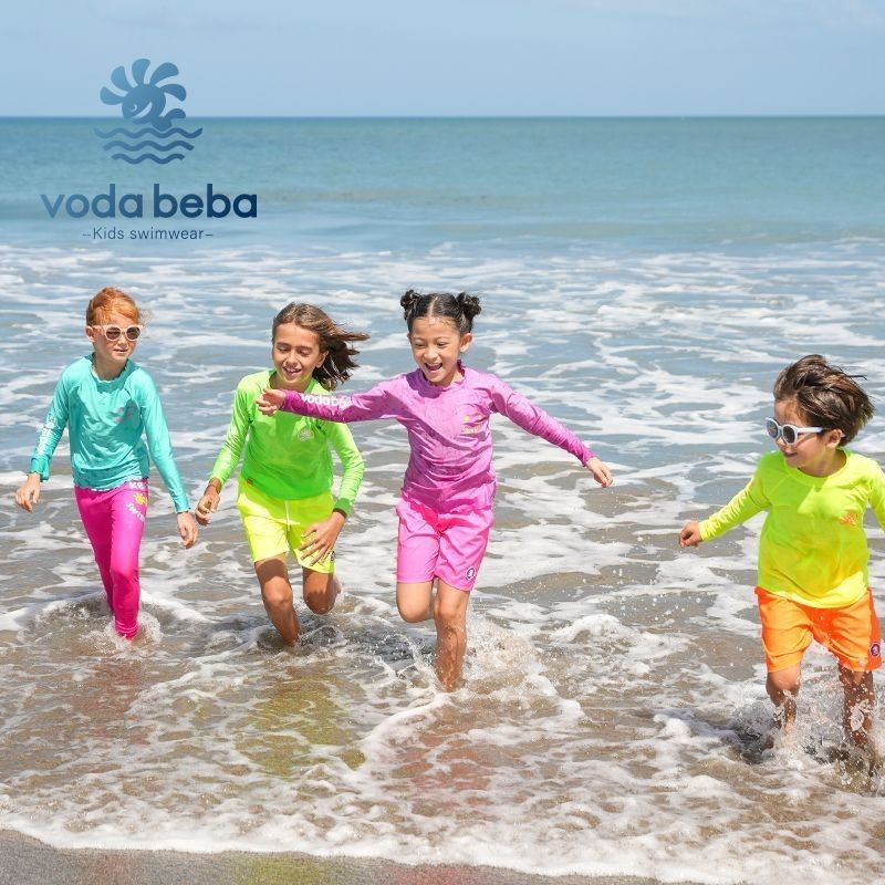 VODA BEBA ชุดว่ายน้ำเด็กกันแดดแขนยาวแบบแยกชิ้นสำหรับเด็กชายและเด็กหญิงกางเกงว่ายน้ำเด็กหญิงสีสันสดใสชุดว่ายน้ำเด็กผู้หญิงชุดว่ายน้ำเด็กผู้ชายชุดไปทะเลเด็ก