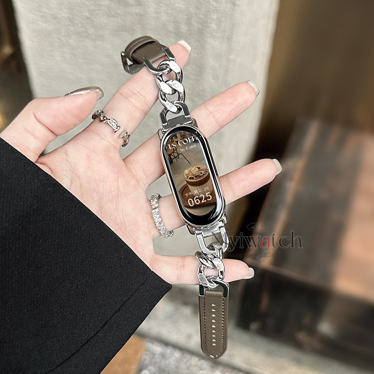ของแท้หนัง splicing โซ่โลหะสําหรับ Xiaomi Mi Band NFC 9 8 7 6 5 ส่วนบุคคล creative design สายรัดข้อมือแฟชั่น Miband สําหรับ Mi 8 Band