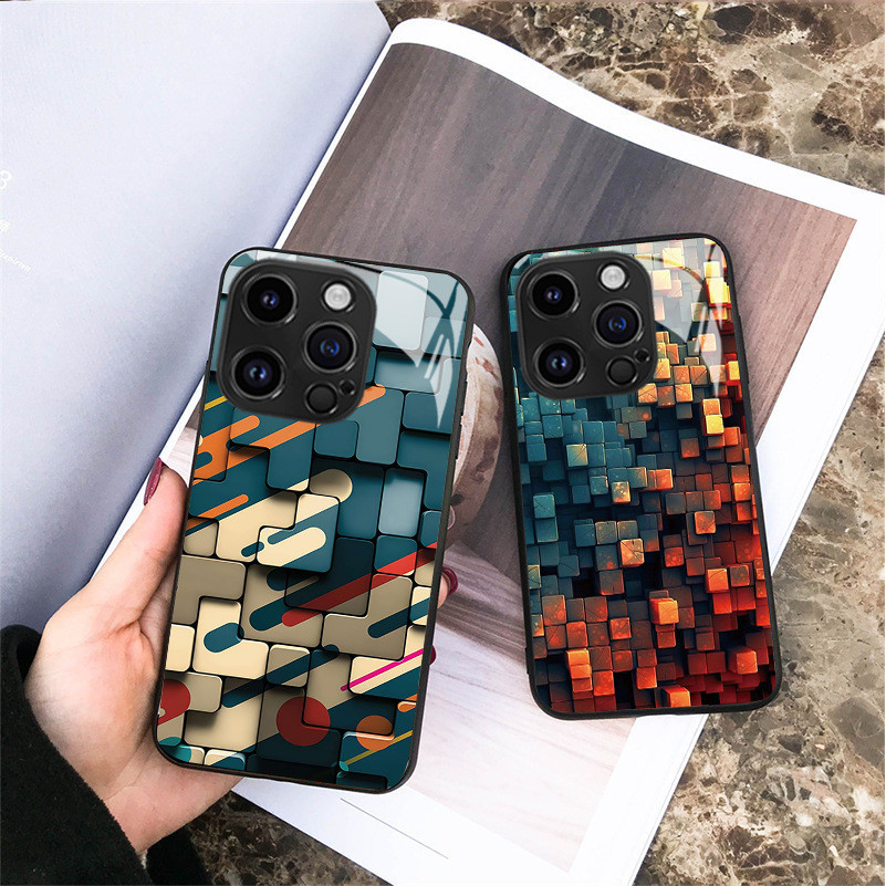 เคสโทรศัพท์ building blocks ปริศนา Anti Fall Protector ฝาครอบกระจกนิรภัยสําหรับ iPhone 15Pro 15 14 8 7 Plus 13 12 Mini 11 Pro Max X XR XS Max 15Plus 14Plus