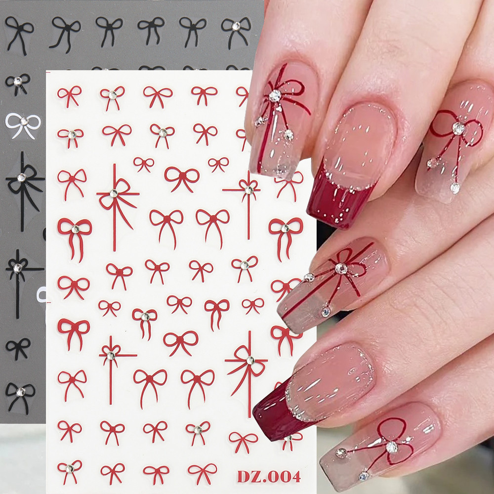 5d โบว์สีแดงเพชรเล็บสติกเกอร์ดอกไม้สีดําสีขาว Line Decals ริบบิ้น Bowknot Art Sliders Charms ตกแต่งเล็บ NT-DZ001