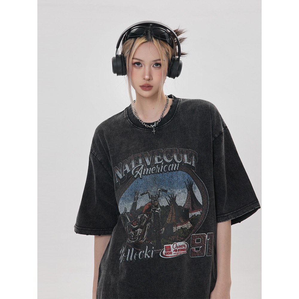 (กรุงเทพจัดส่งสินค้า)BOOM Shop เสื้อยืดฟอก oversize ผ้าคอตตอน แฟชั่น สไตล์ฮิปฮอป เรโทร