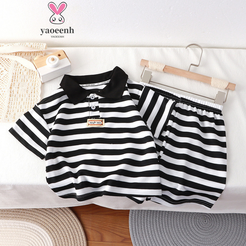 พร ้ อมสต ็ อก 80-140 ซม.ฤดูร ้ อนเด ็ ก POLO Collar กางเกงขาสั ้ นแขนสั ้ นชุดชายหญิงแฟชั ่ นสีดําสีขาวลายชุดลําลอง