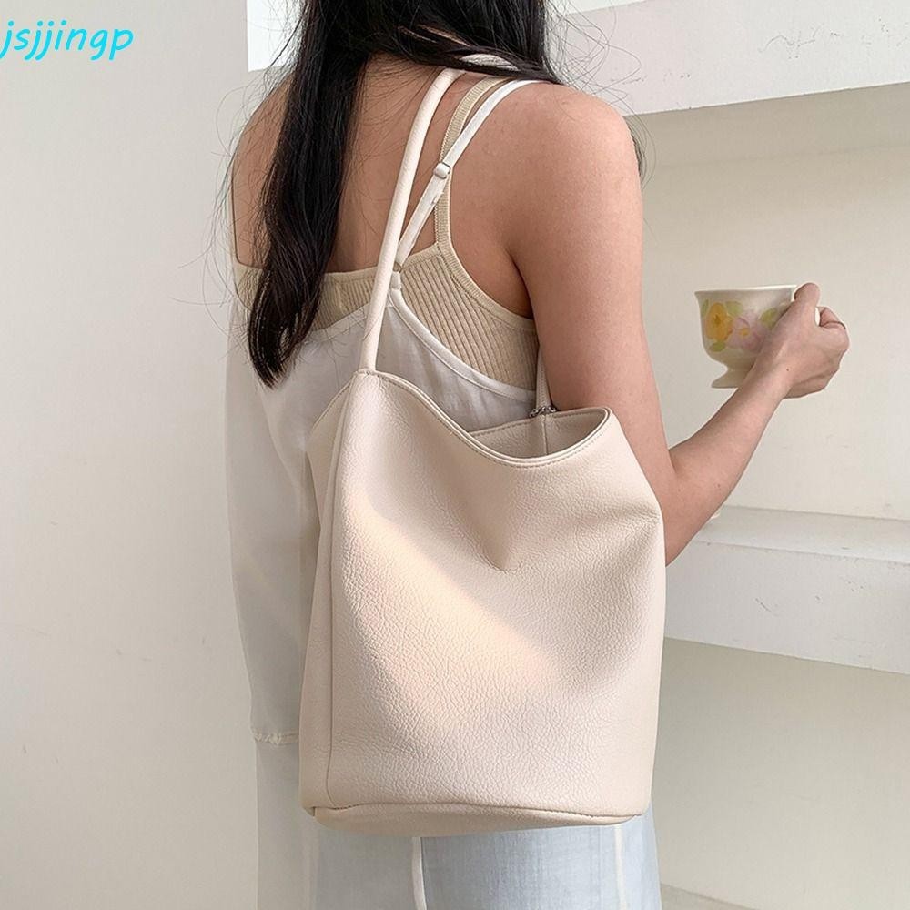 Jsjjingp กระเป๋าสะพายหนัง, สีทึบสไตล์เกาหลี Pu Bucket Bag, กระเป๋าเครื่องสําอางกระเป๋าถือกระเป๋าใต้วงแขน Tote Bag สุภาพสตรี