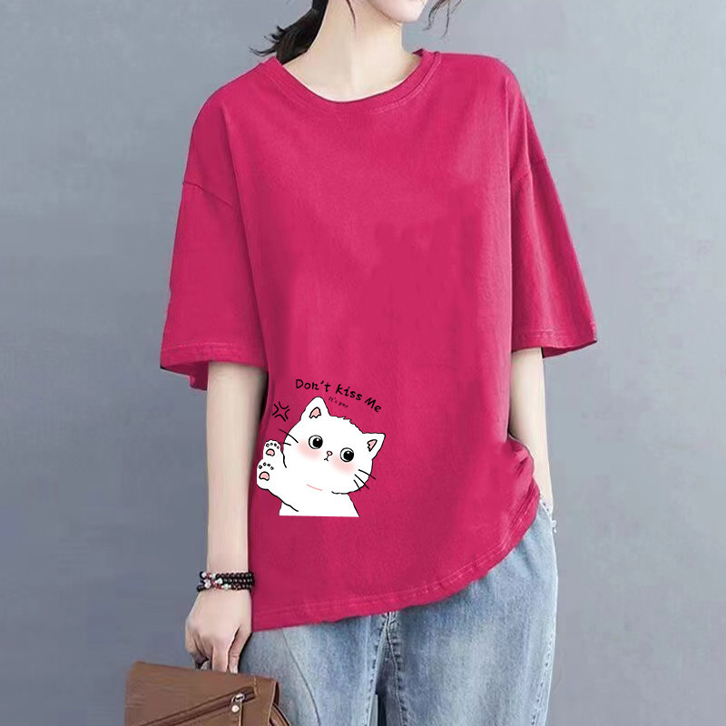 ฤดูร้อนแขนสั้นเสื้อยืดกุหลาบสีแดงสาวเสื้อผ้า ผอมลง ดูท็อปส์ซูของผู้หญิงแฟชั่นใหม่รูปแบบการ์ตูนพิมพ์เสื้อยืดเวอร์ชั่นเกาหลีคอกลมทั้