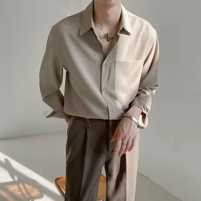 เสื้อเชิ้ตแขนยาวสีพื้น คอปก เสื้อเชิ้ตใส่ทำงานชาย สไตล์ลำลอง กระดุมแถว แฟชั่นเกาหลี ไซส์ M L XL XXL XXXL ราคา ถูกที่สุด ดีลบีเคเค แกลเลอรีภาพที่ 4