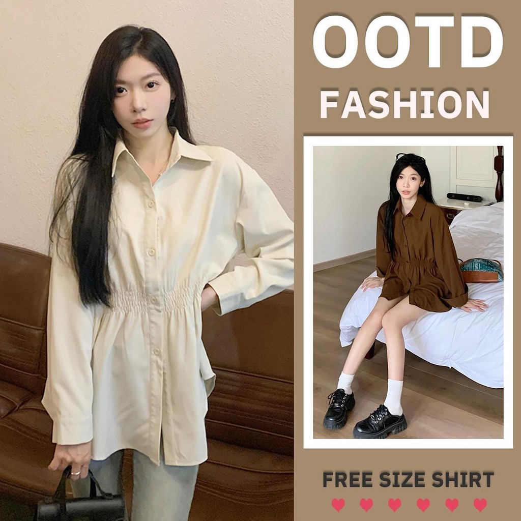 KOKO W320❤️เสื้อเชิ้ตแขนยาว ปกโปโล เสื้อแฟชั่นผู้หญิง สไตล์เอว ครึ่งแขน คอตั้ง   หลวม สีทึบ ย้อนยุคน่ารัก สไตล์เกาหลี