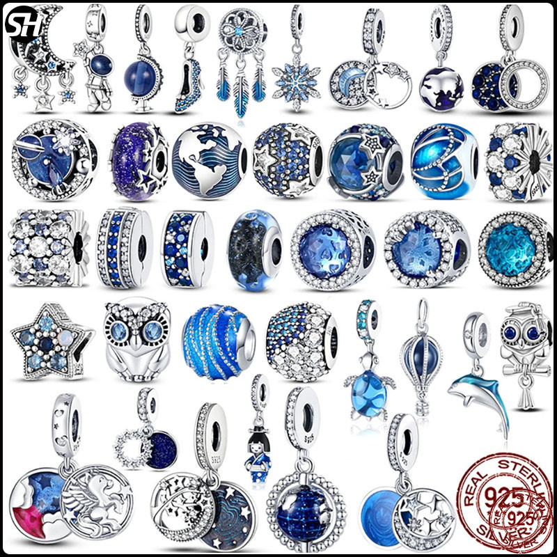 S925 เงินสเตอร์ลิง Blue Series ลูกปัด fit Pandora สร้อยข้อมือกําไลข้อมือ Diy Original Design Star Moon Galaxy Charms สําหรับเครื่องประดับ Make