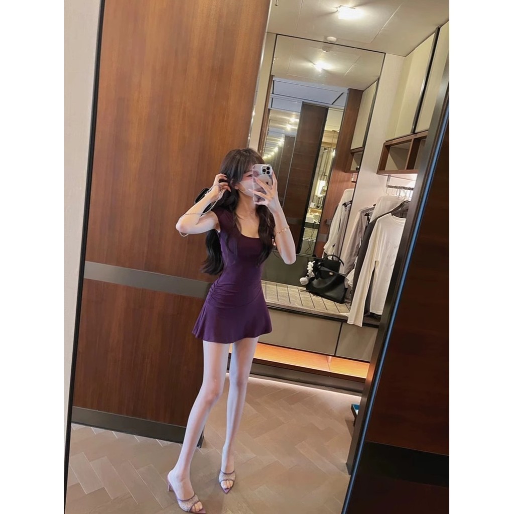 Xiao Sleeve Dress Slimmer ดูอารมณ์แฟชั่นเซ็กซี่ Pure Desire เอวแคบฤดูร้อนสาวร้อนกระโปรงสั้นหญิงสไตล์ใหม่กระโปรงม้าเข็ม Mink Off EKF0