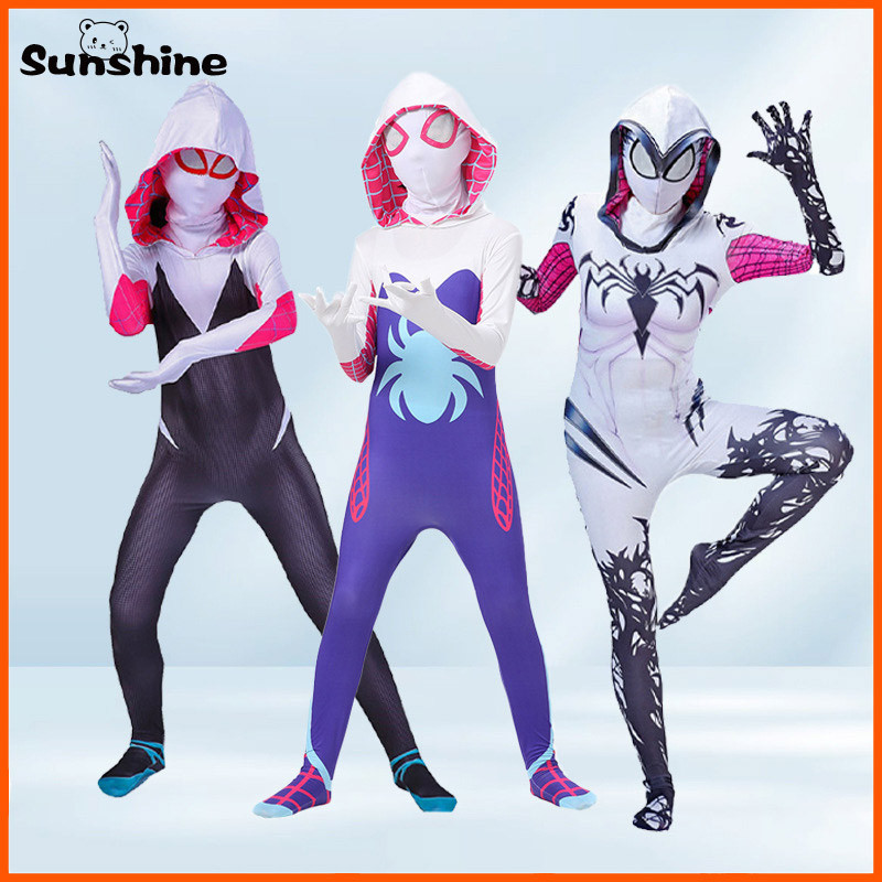 Gwen Spid เครื่องแต่งกายสําหรับเด็กและผู้ใหญ่สีขาว Spider Girl หน้ากาก 3D สไตล์ฮาโลวีนเครื่องแต่งกายคอสเพลย์ Suiter Body Jumpsuit