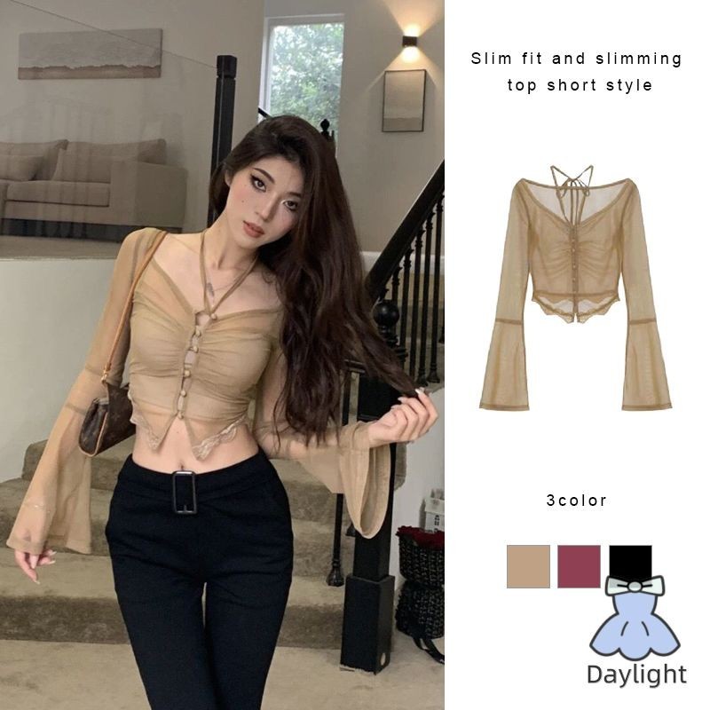 สลิมฟิตบางด้านบนสั้นBottomingเสื้อลูกไม้ผ้ากอซแขวนคอแขนยาวคาร์ดิแกนผู้หญิง DL