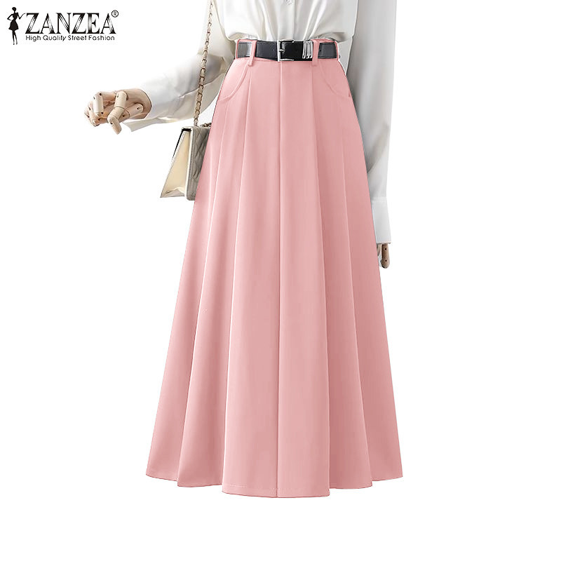 Zanzea ผู ้ หญิงเกาหลีเอวสูงเอวยางยืดกระเป ๋ าจีบ A-Hem หลวม Overskirts
