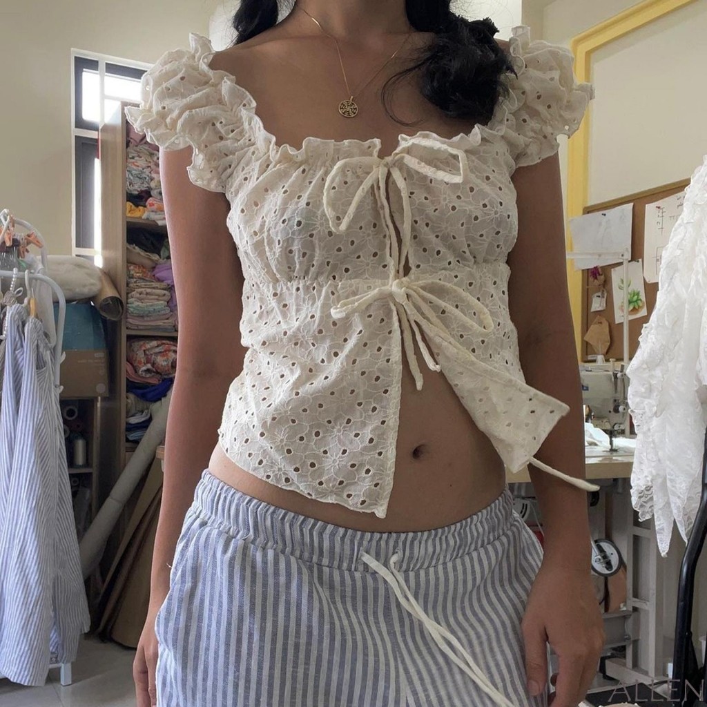 Allen-ผู้หญิงittie-upด้านหน้าเสื้อยืดแขนสั้นคอสี่เหลี่ยม Slim Fit Tops Frill Trim เสื้อยืด