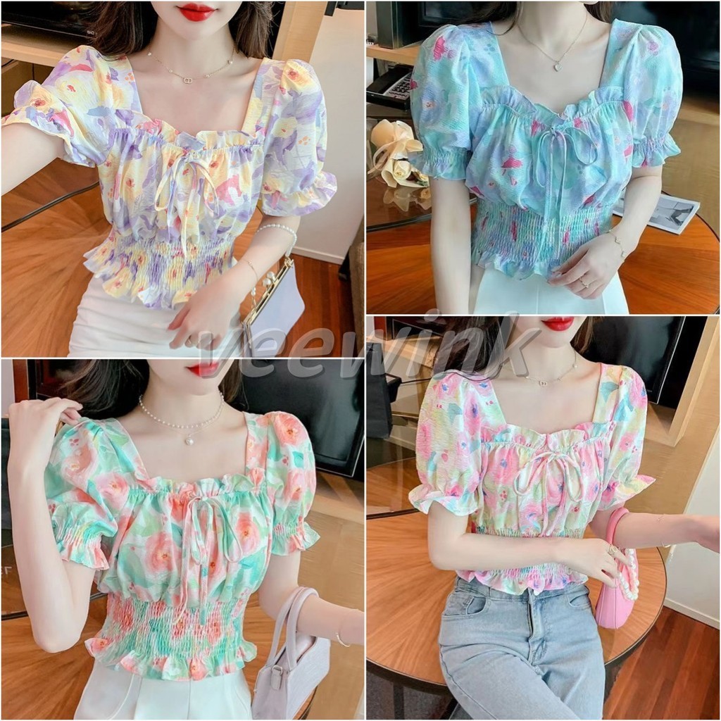 Veewink ใหม่ เสื้อเบลาส์ ผ้าชีฟอง คอสี่เหลี่ยม สไตล์เกาหลี ฝรั่งเศส