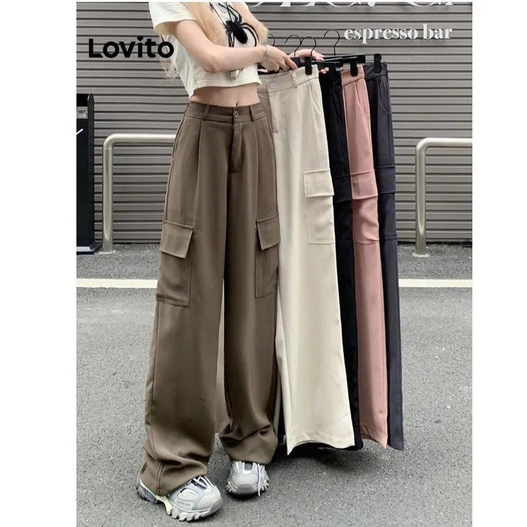 Lovito กางเกงผู้หญิง มีกระดุม แต่งจีบ มีกระเป๋า สีพื้น สไตล์ลำลอง LNE50341