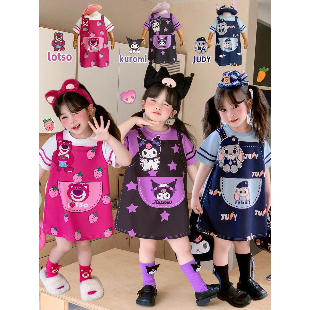 [RICONINI] Ready Stock Girl Cartoon Strawberry Bear Dress Loose Girl Cute Princess Dress
