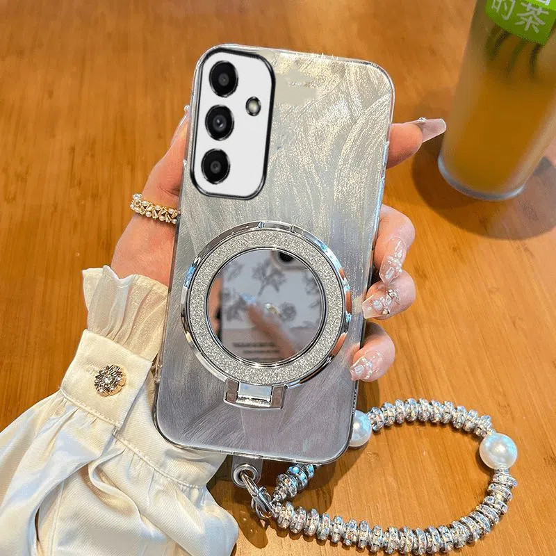 ขาตั้งกระจก Camlet ปลอก Samsung Galaxy A55 A54 A05S A35 A25 A34 A24 A33 A23 A15 A14 4G 5G ชุบ Glitter วงเล็บแม่เหล็กกระจกเครื่องสําอางกันกระแทกเคสโทรศัพท์พร้อมสร้อยข้อมือ
