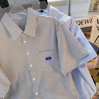 เสื้อเชิ้ตลาย ผู้ชาย คนพาล หล่ออเมริกันย้อนยุคหลวมสบายๆเสื้อแขนสั้นแจ็คเก็ต