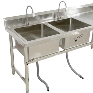ซิงค์ล้างจานสแตนเลส พร้อมที่คว่ำจาน อ่างล้างจาน 2 หลุมซ้าย 180x70x80ซม Double Bowl Kitchen Sink SK180-70-ST480L