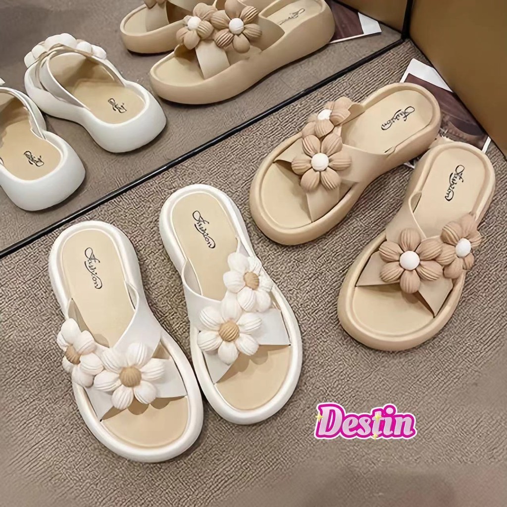 Destin พร้อมส่งจากไทย (LT-2238) รองเท้าแตะผู้หญิง แฟชั่น ตกแต่งดอกไม้ รุ่นใหม่ กันลื่น นุ่ม ใส่สบาย มี2สีใส่สบาย