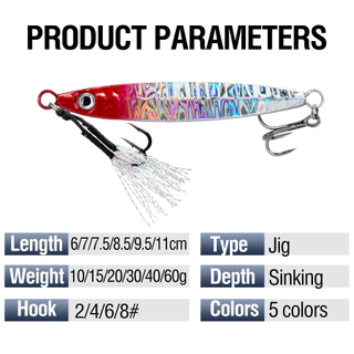 Metal Slow Jig 10-60g Sinking Casting Jigging Bait พร้อม Two Assist Hook สําหรับ Tuna Bass ในเกียร์ตกปลาน้ําจืดน้ําเค็ม