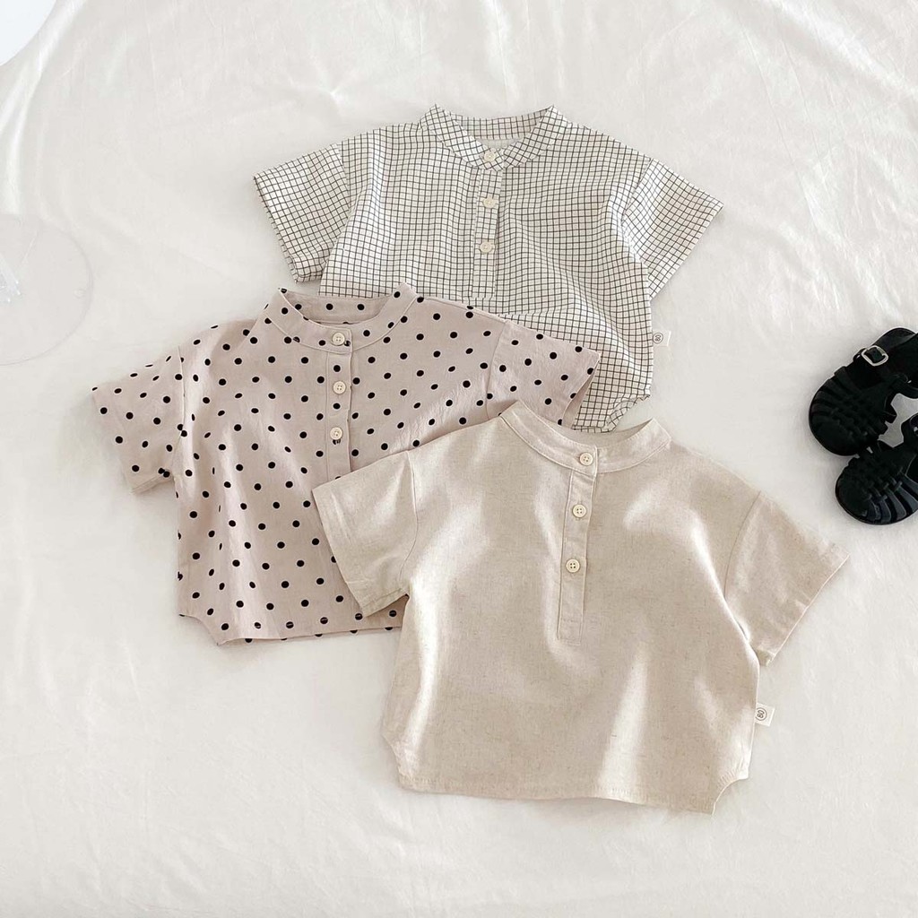 Ins ฤดูร้อนเด็กเสื้อผ้าเด็กผ้าฝ้ายผ้าลินินเกาหลี Monochrome หรือ Checkered หรือ Polka Dot รูปแบบ Breathable แขนสั้น Top เด็กชายและเด็กหญิงเสื้อ 1-5 ปี