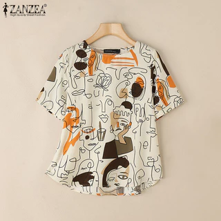 ZANZEA ซานเซีย ผู้หญิงแฟชั่นเกาหลีรอบคอกราฟฟิตีพิมพ์เสื้อแขนสั้น