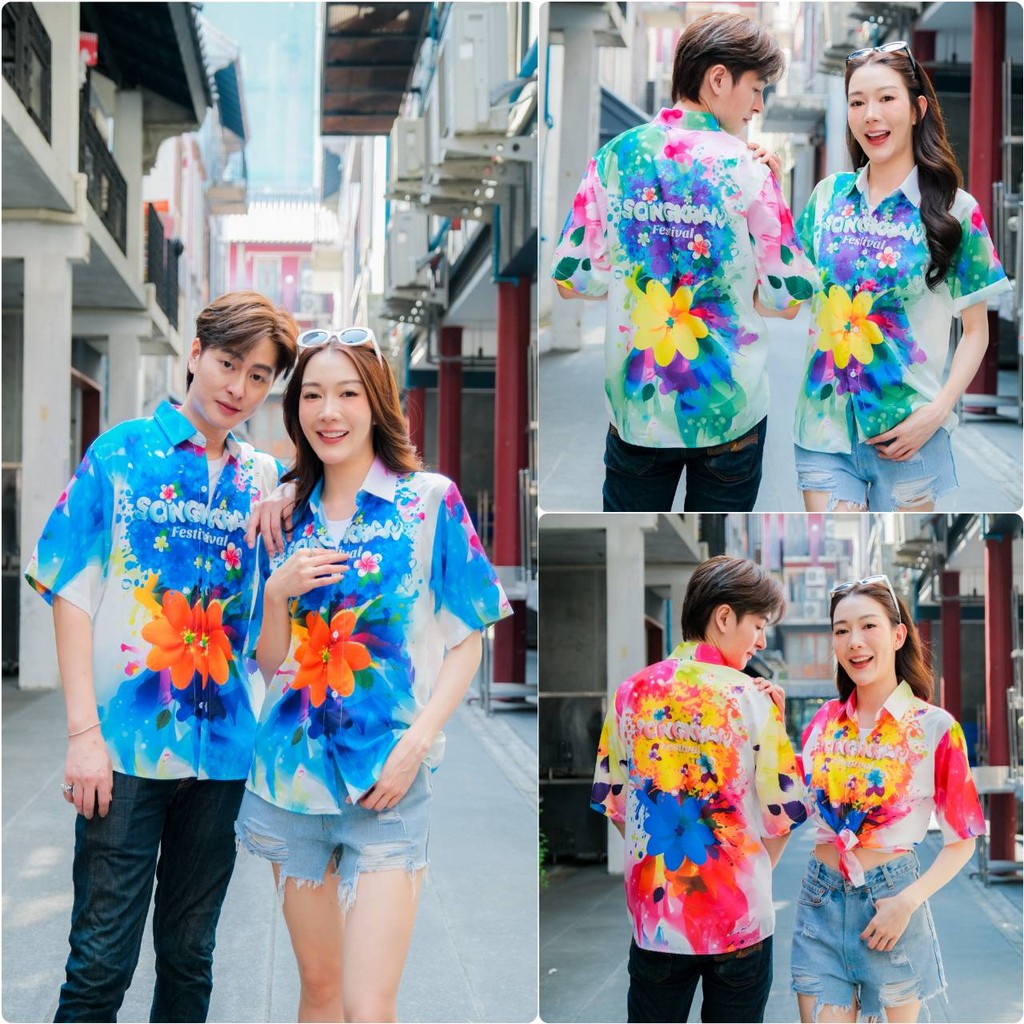 P017 เสื้อฮาวายลายใหม่2026 สาดสีSongkran ทรงวัยรุ่น หญิงชายใส่ได้ ผ้าโพลีพรีเมี่ยม ไซส์38-56นิ้ว งานปัาย ลายคมชัด  *1ตัว