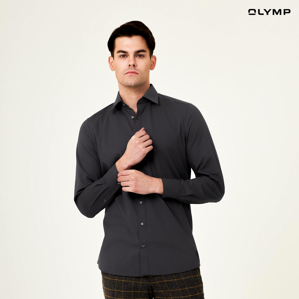 OLYMP Level Five Shirt เสื้อเชิ้ตชาย สีดำ ผ้าเรียบ พอดีตัว ยืดหยุ่นได้ดี รีดง่าย NOSLGR ชุดทำงาน