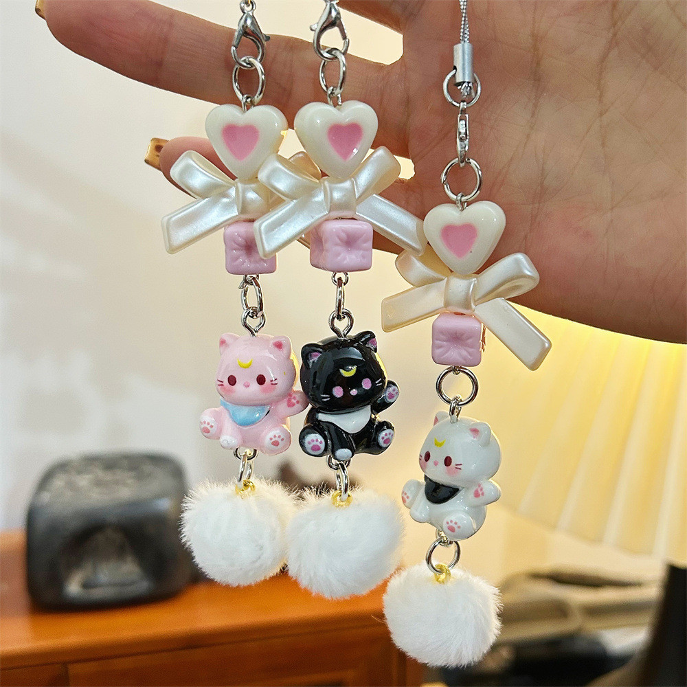 น่ารักดวงจันทร์ลูกแมวก้อนผมลูกปัดโทรศัพท์มือถือโซ่เชือกเส้นเล็กการ์ตูนแมวกระเป๋าเป้สะพายหลังจี้คู่อุปกรณ์เสริมเพื่อนของขวัญ