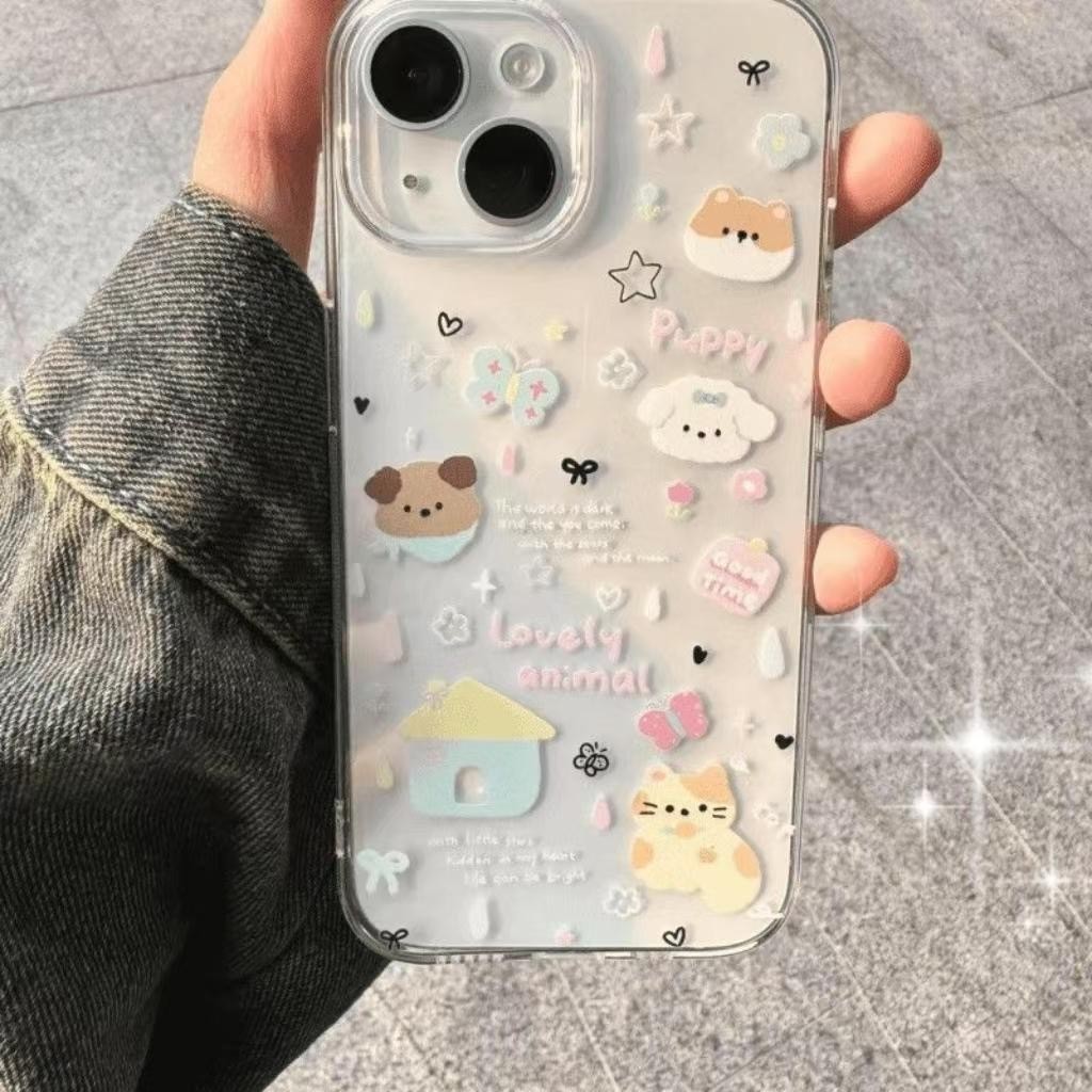 TheOne🔥IPhone 14 11 13 15 12 Pro Max XR X XS Max 7 8 Plus การ์ตูนหมาผีเสื้อน่ารัก คู่ คำนับความสนุก คนรัก ความหรูหราเคส
