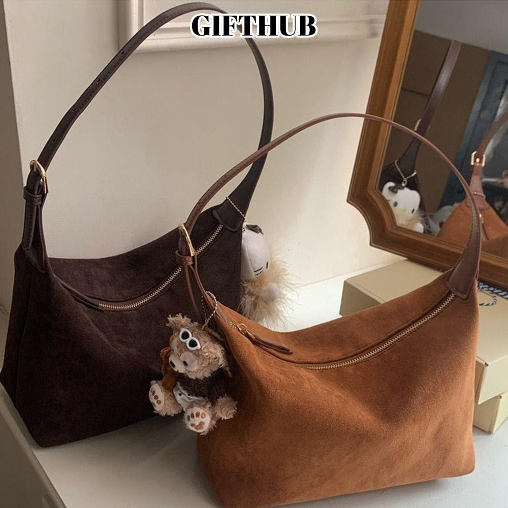 GIFTHUB กระเป๋าเกี๊ยวรักแร้หนังนิ่ม, กระเป๋าใต้วงแขนที่สวยงามกํามะหยี่, กระเป๋าสะพายความจุขนาดใหญ่ส่วนบุคคลย้อนยุคสาว
