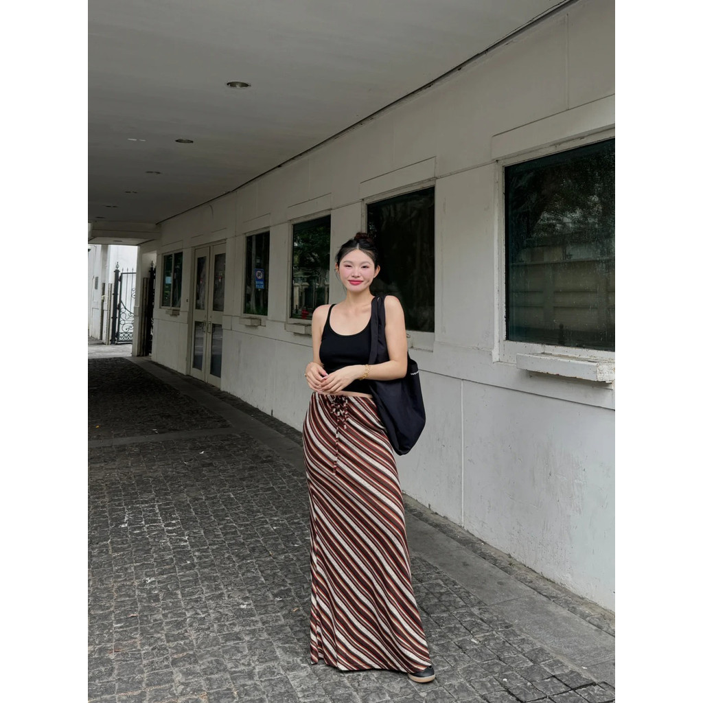 กระโปรง Spring Cuban Vacation Style Retro Striped One Piece Wrap Skirt 2025 Spring Design Niche All-Match