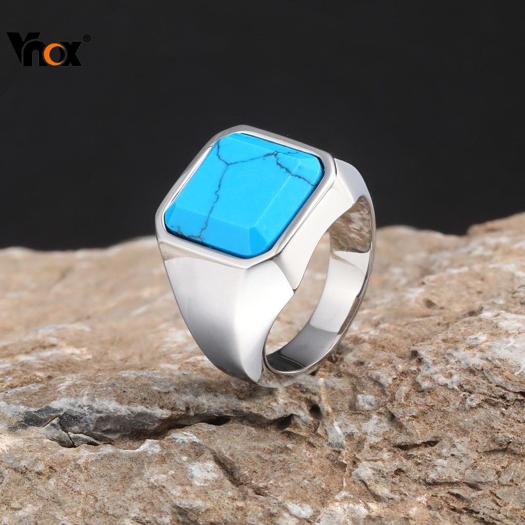Vnox แหวนหิน Natual สีเขียวสําหรับผู้ชาย, เครื่องประดับนิ้วสแตนเลสย้อนยุค, Punk Vintage Square Stone Signet แหวนเครื่องป