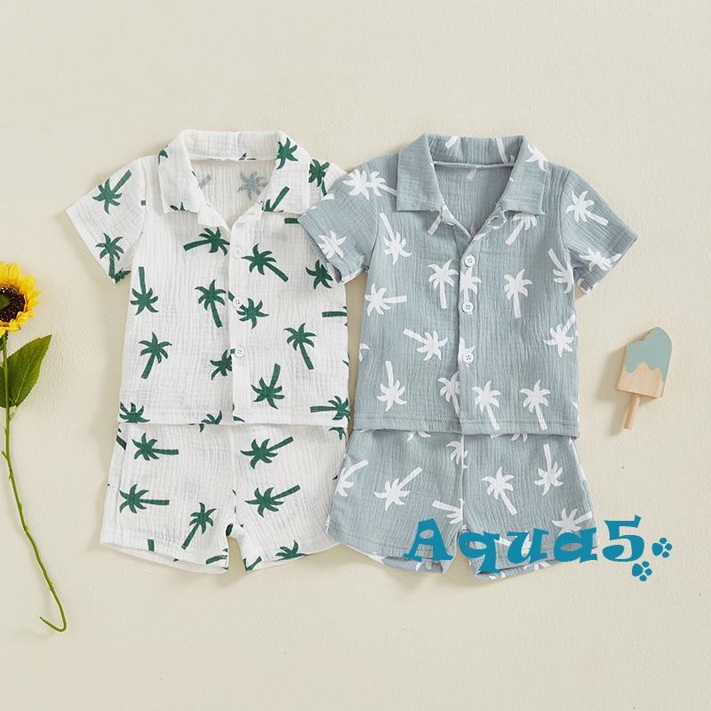 อุ๊ย-เด็กทารกฤดูร้อนชุดปาล์มต้นไม้พิมพ์ปุ่มขึ้นแขนสั้นเสื้อยืดและกางเกงขาสั้นยืดหยุ่นชุดสําหรับ2ชิ้นชุดเสื้อผ้า